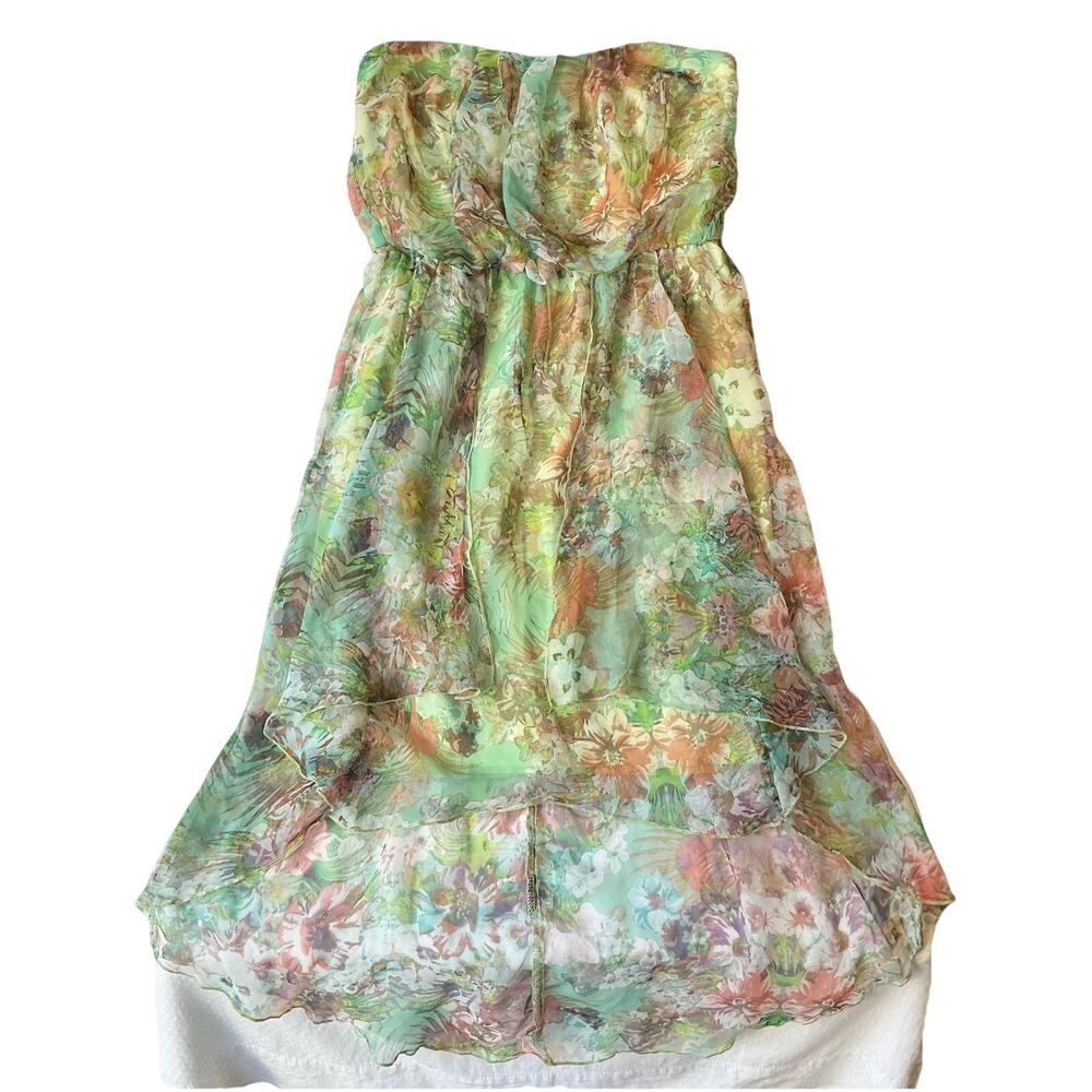 City Studio Women Dress M Green Floral Strapless Fit & Flare Hi-Low Chiffon Knee